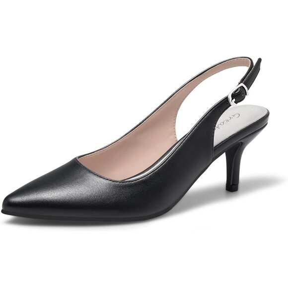 Women’s Matte Leather Black Closed Pointed Toe Kitten Heels Slingback Pumps - Picture 1 of 4
